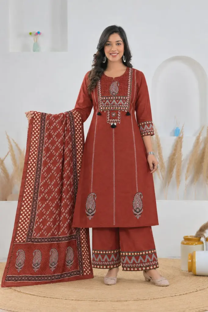 Rust Red Ajrakh Inspired Embroidered Soft Cotton 3-Piece Kurta Set
