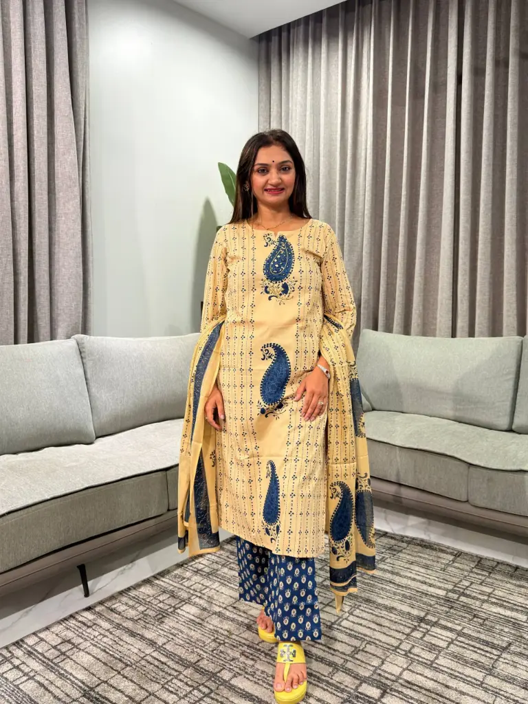 Indigo Paisley Printed Pure Soft Cotton Kurta Set with Palazzo & Dupatta