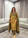 Olive Green Floral Printed Cotton Kurta Set with Checkered Palazzo & Dupatta