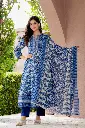 Royal Blue Floral Printed Cotton Anarkali Kurta Set