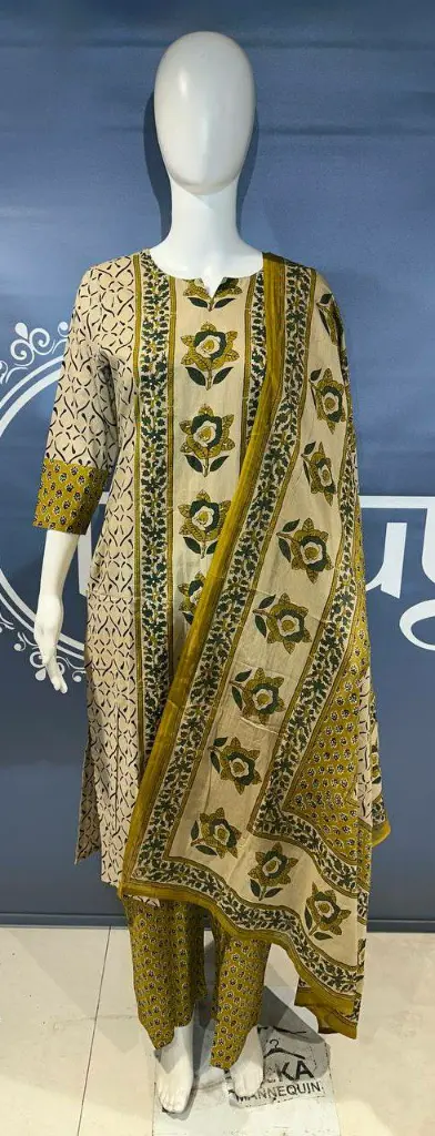 Beige Olive Printed Cotton Straight Kurta Palazzo Set