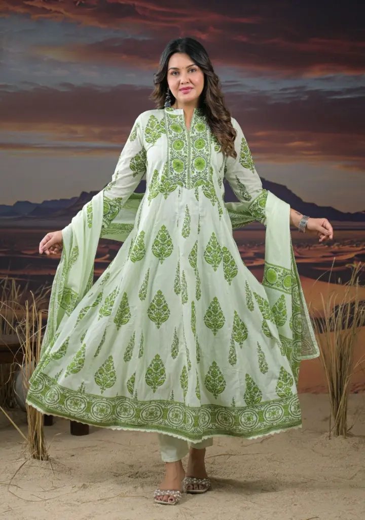Mint Green Floral Printed Cotton Anarkali Kurta Set