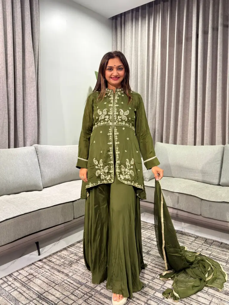 Olive Zari Bloom Pure Chinon Indo-Western Set 