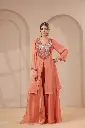 Peach Coral Shimmer Organza Indo-Western Shrug Palazzo Set