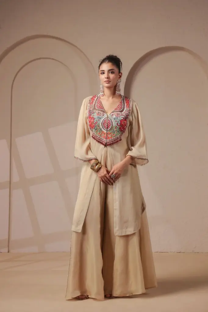Beige Champagne Shimmer Organza Indo-Western Shrug Palazzo Set