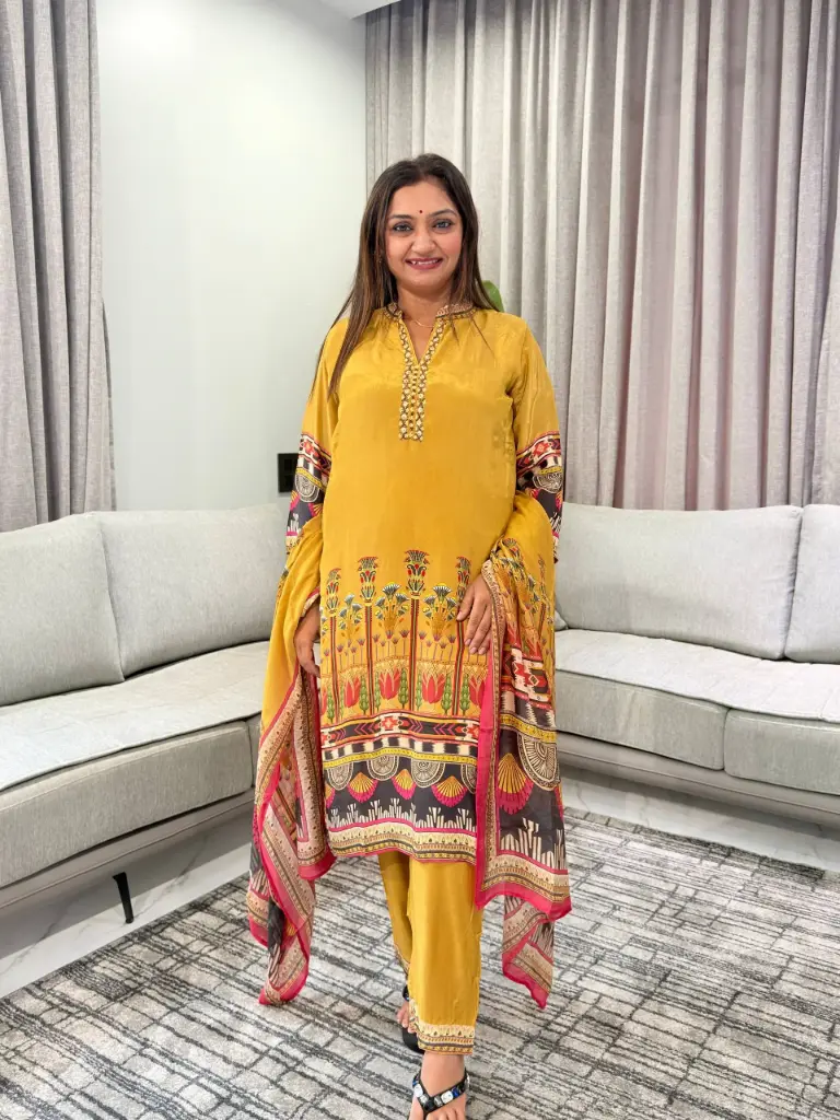 Mustard Yellow Viscose Crepe Embroidered Yoke 3-Piece Kurta Set