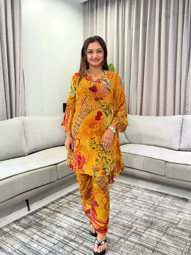 Mustard Yellow Viscose Crepe Printed Kurta Palazzo Set
