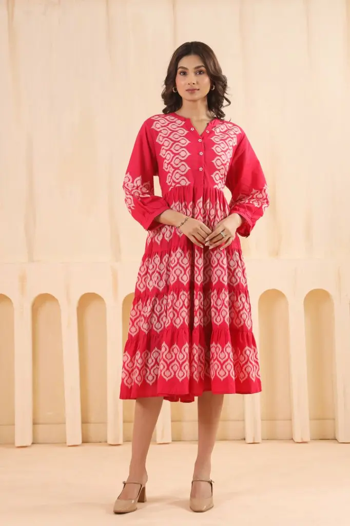Pink Geometric Tiered Pure Cotton Long Dress