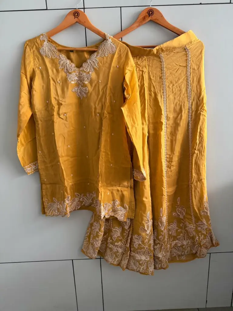 Mustard Yellow Festive Silk Hand-Embroidered Sharara Suit Set