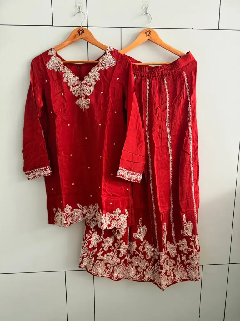 Ruby Red Festive Silk Hand-Embroidered Sharara Suit Set