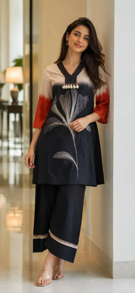 Black & Ombre Rust Floral Threadwork Mull Cotton Kurta Set