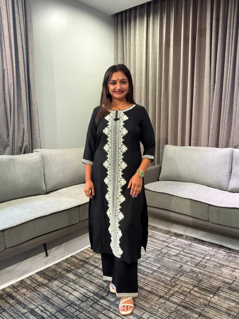 Jet Black Lace Embroidered Imported Cotton Kurta Set