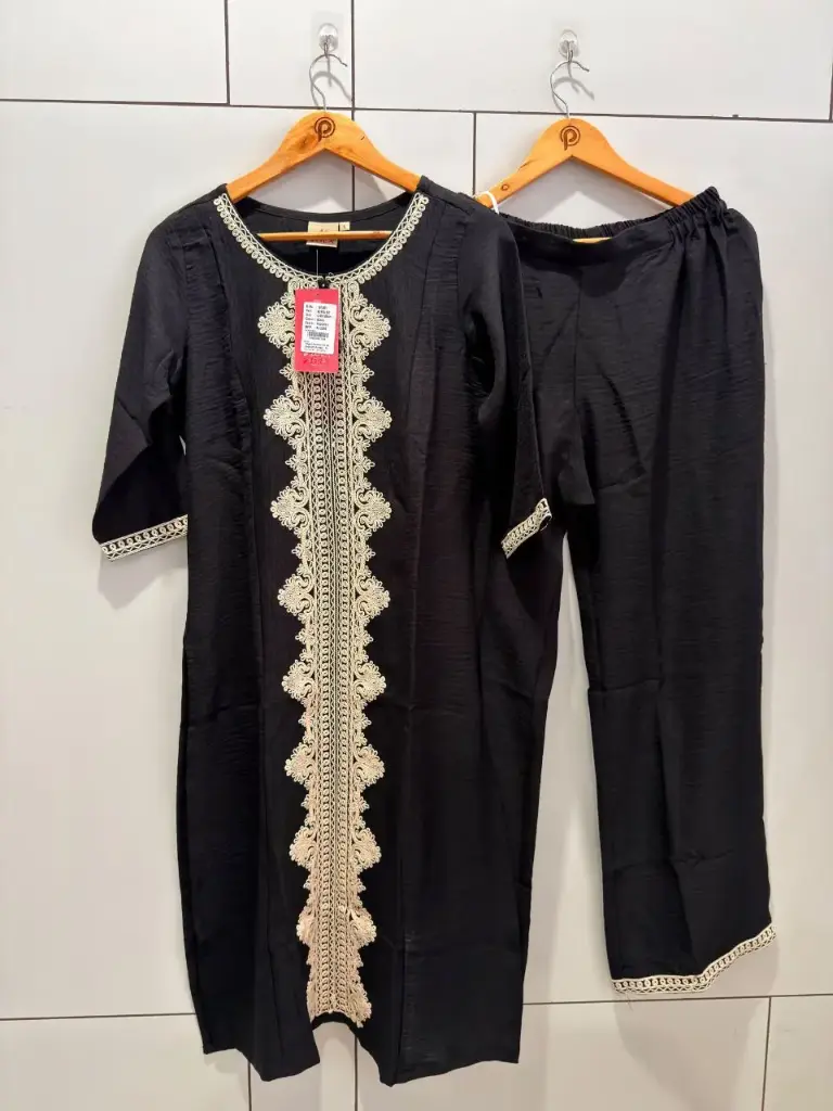 Jet Black Lace Embroidered Imported Cotton Kurta Set