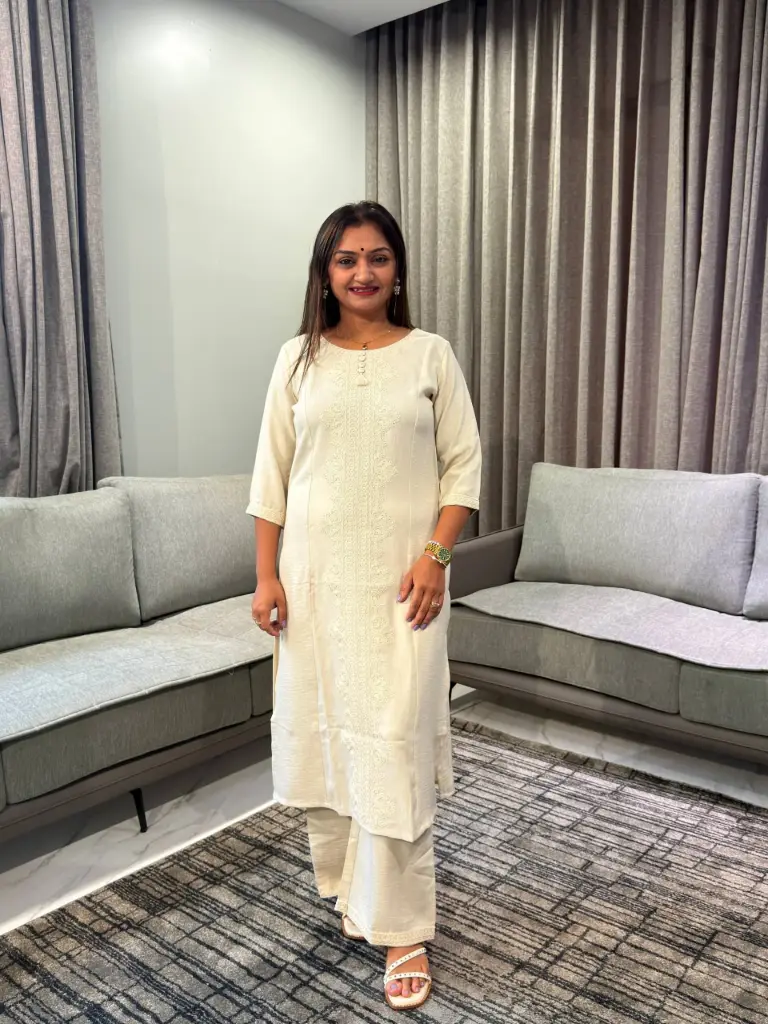 Beige Embroidered Front-Panel Imported Cotton Kurta Set