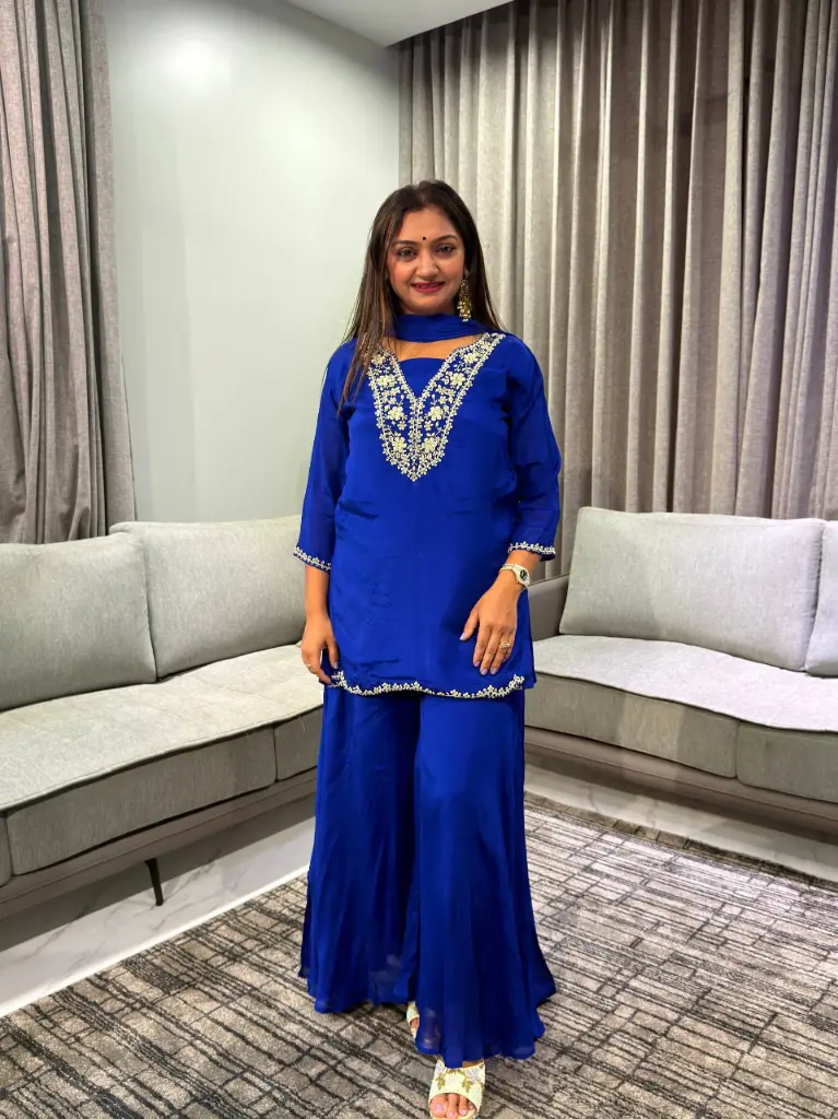 Royal Blue Festive Silk Hand-Embroidered Sharara Suit Set