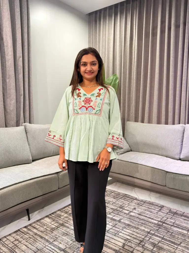 Pista Green Floral Embroidered Mull Cotton Short Top