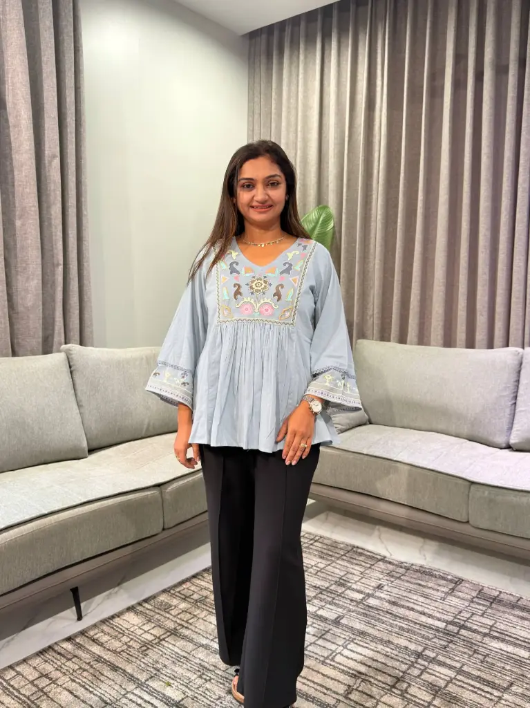Powder Blue Folk Floral Embroidered Mull Cotton Top