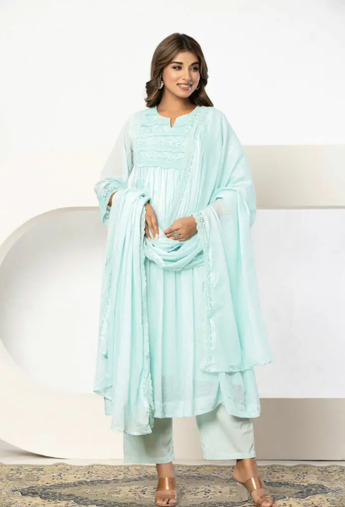 Mint Breeze Lace Embroidered Anarkali Set