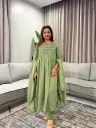Olive Sage Green Lace Embroidered Anarkali Cotton Suit Set
