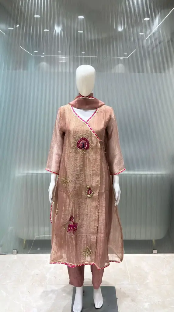 Rose Gold Angrakha Metallic Festive Tissue Suit Set