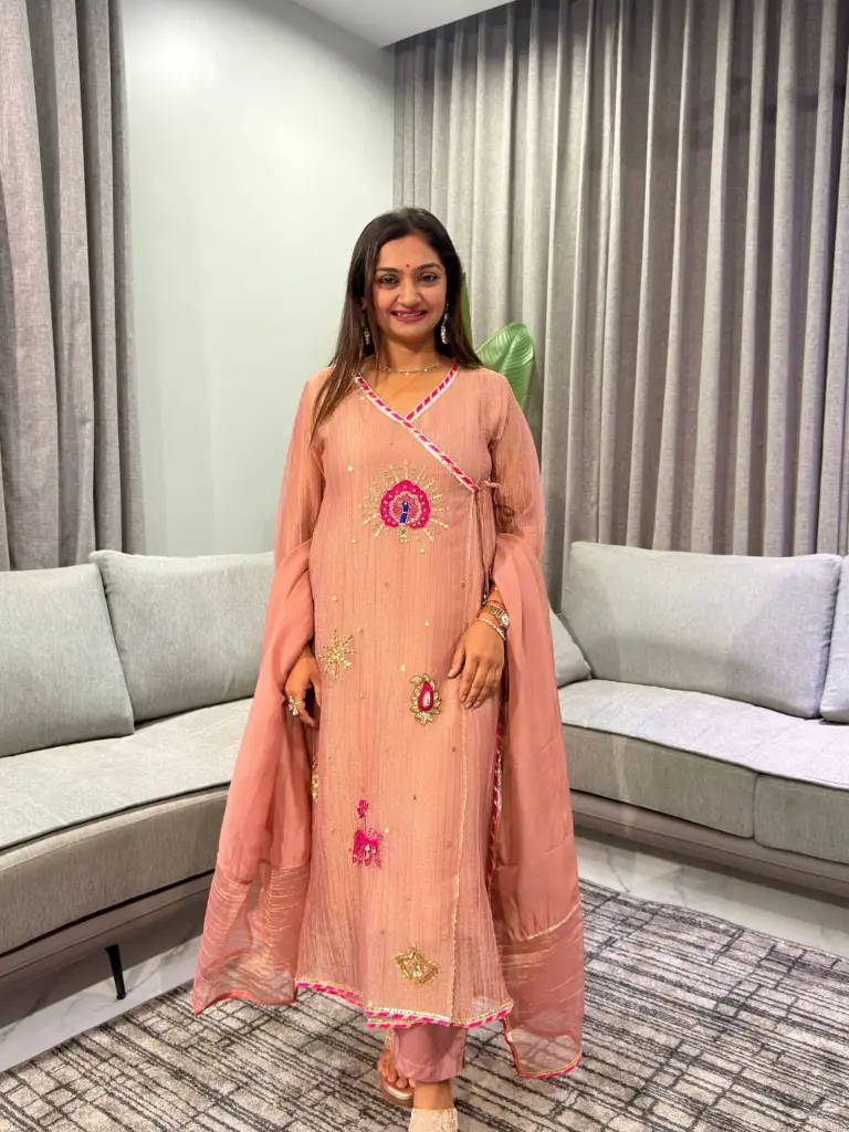 Rose Gold Angrakha Metallic Festive Tissue Suit Set