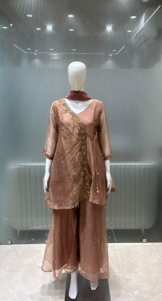 Metallic Rose Gold Glass Tissue Angrakha Co-Ord Set