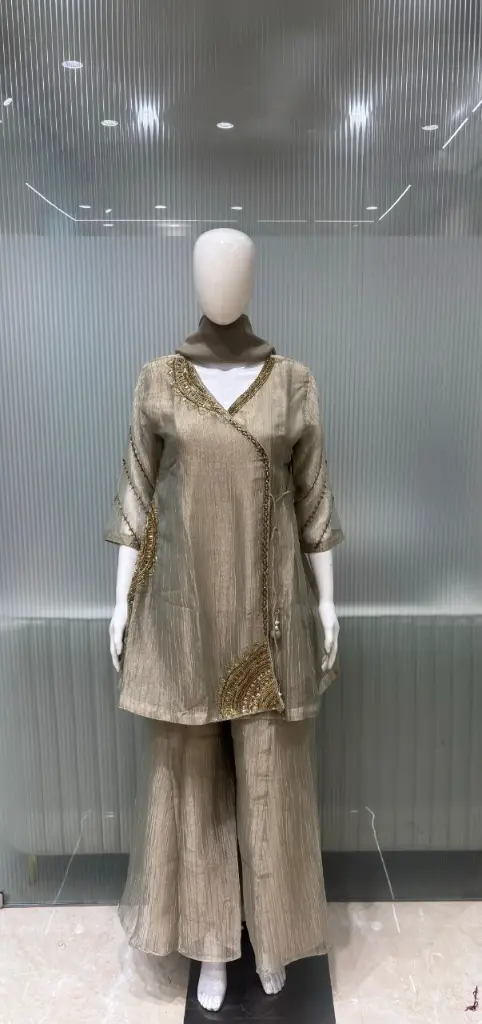 Champagne Gold Glass Tissue Angrakha Co-Ord Set