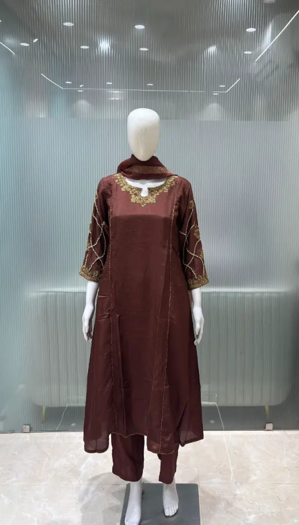 Chocolate Brown Dola Silk Hand-Embroidered Anarkali Suit Set