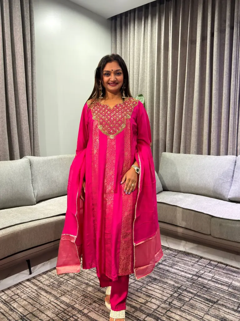 Rani Pink Dola Silk Banarasi Panels & Zardozi Yoke Suit Set