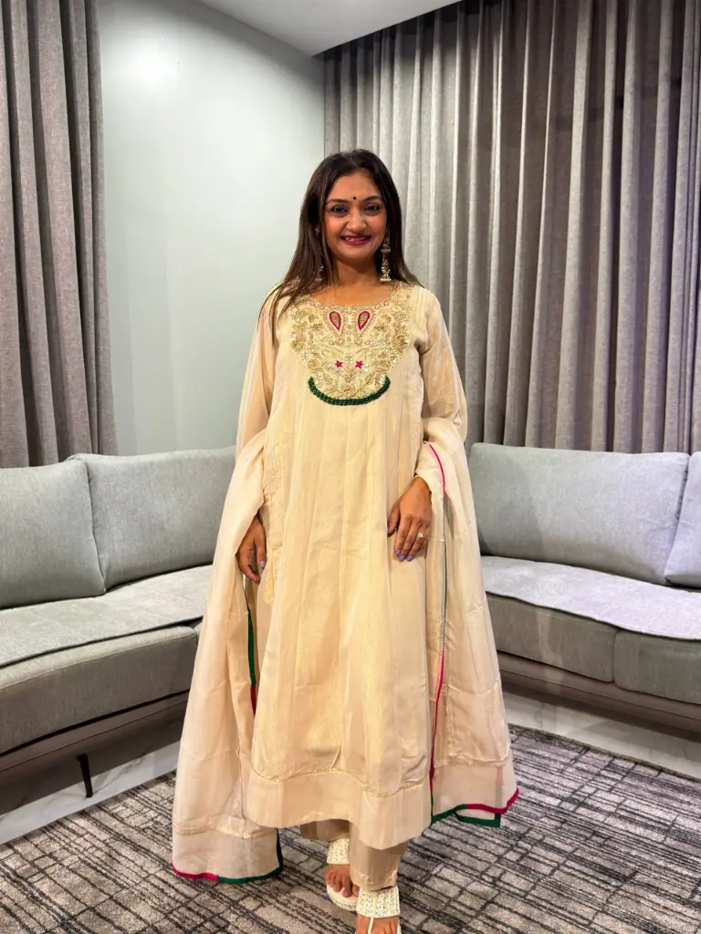 Beige Gold Festive Tissue Hand-Embroidered Anarkali Suit Set