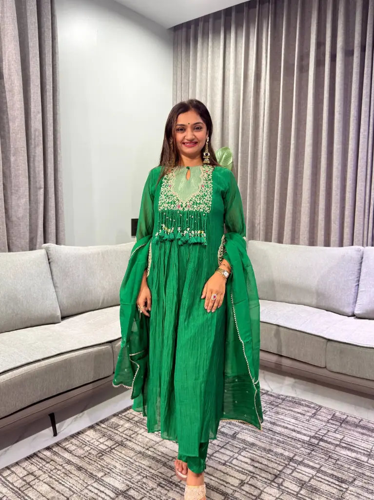 Emerald Green Dola Silk Hand-Embroidered Tassel Anarkali Set