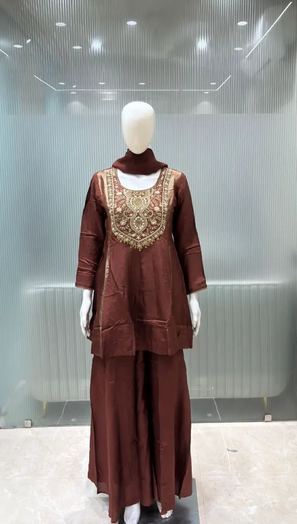 Chocolate Brown Dola Silk Pearl & Zardozi Hand-Embroidered Set