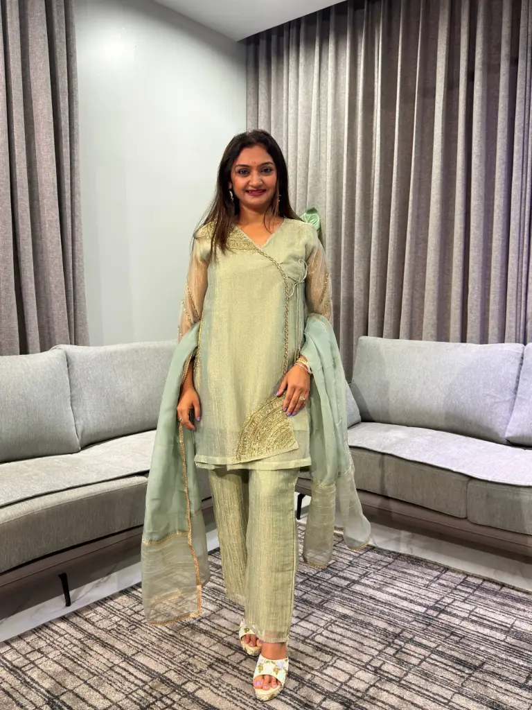 Pista Green Glass Tissue Angrakha Co-Ord Set