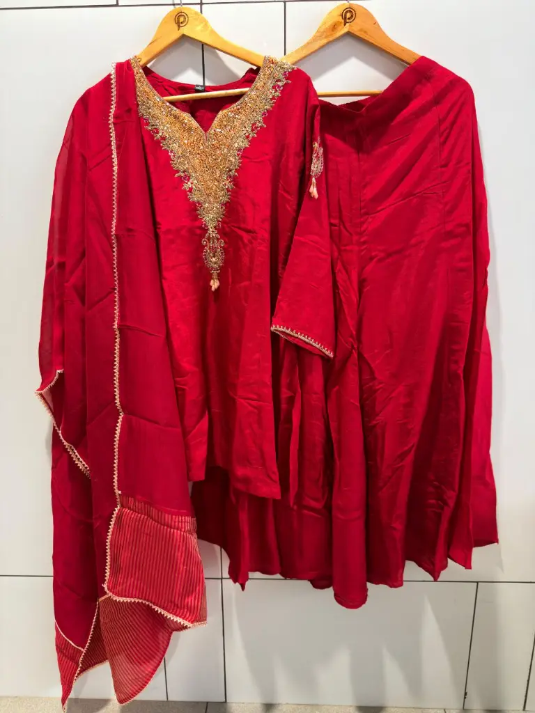 Crimson Red Dola Silk Heavy Embroidered Neck Co-Ord Set