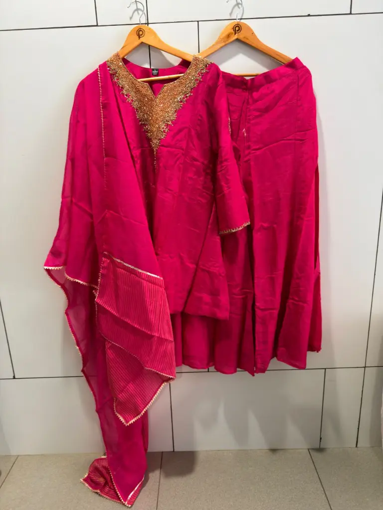 Rani Pink Dola Silk Heavy Embroidered Neck Co-Ord Set