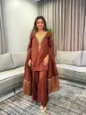 Chocolate Brown Dola Silk Heavy Embroidered Neck Co-Ord Set