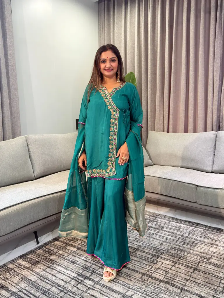 Emerald Green Dola Silk Angrakha Sharara Co-Ord Set