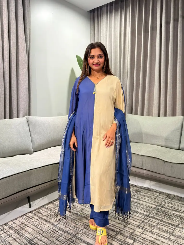 Navy & Beige Mull Cotton Color-Blocked Kurta Set