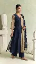 Navy & Beige Mull Cotton Color-Blocked Kurta Set