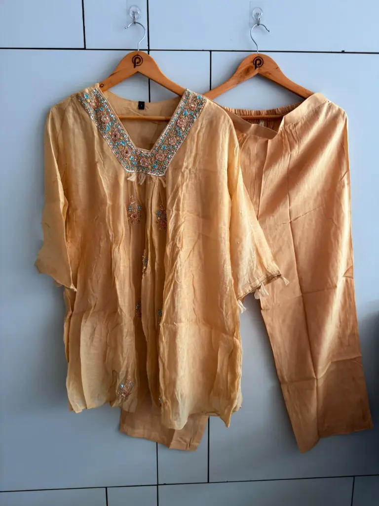 Beige Peach Mull Chanderi Embroidered Neck Co-Ord Set