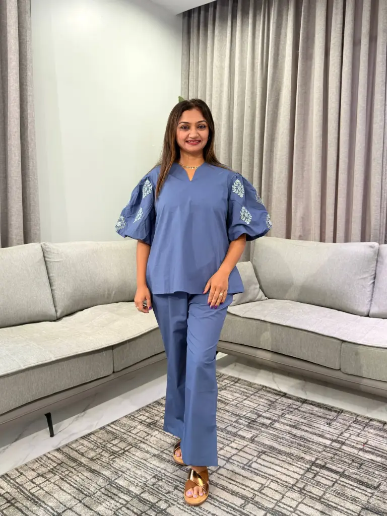 Slate Blue Cotton Embroidered Puff Sleeve Co-Ord Set