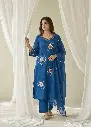 Teal Blue Mull Chanderi Floral Motif Kurta Set