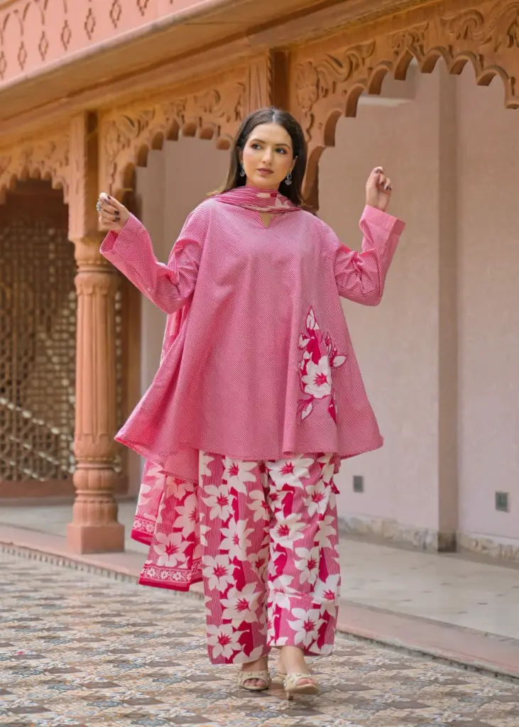 Pink Striped Cotton A-Line Co-Ord Set