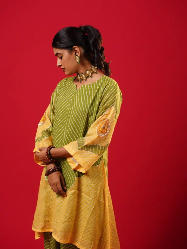 Olive Green & Yellow Kota Doriya Leheriya Kurta Set