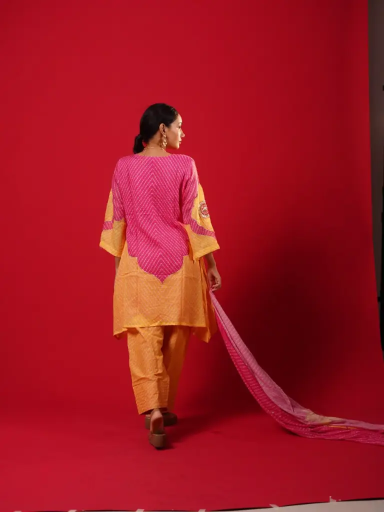 Pink & Yellow Kota Doriya Leheriya Kurta Set
