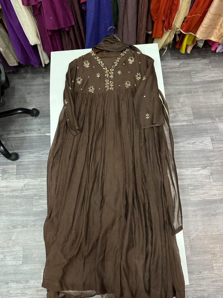 Coffee Brown Banarasi Mull Chanderi Anarkali Suit