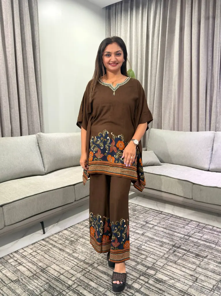 Chocolate Brown Discharge Rayon Floral Kaftan Co-Ord Set