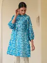 Blue Cotton Blend Floral Printed A-line Tunic