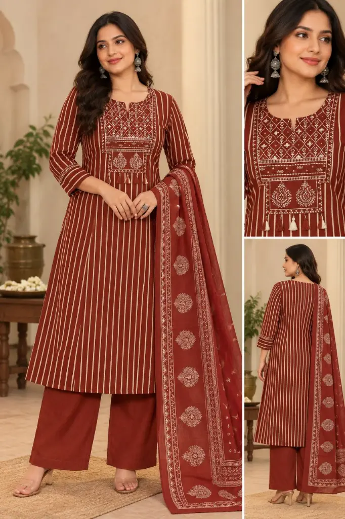 Rust Brown & Beige Striped Cotton Printed Kurta Set