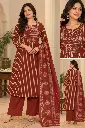 Rust Brown & Beige Striped Cotton Printed Kurta Set